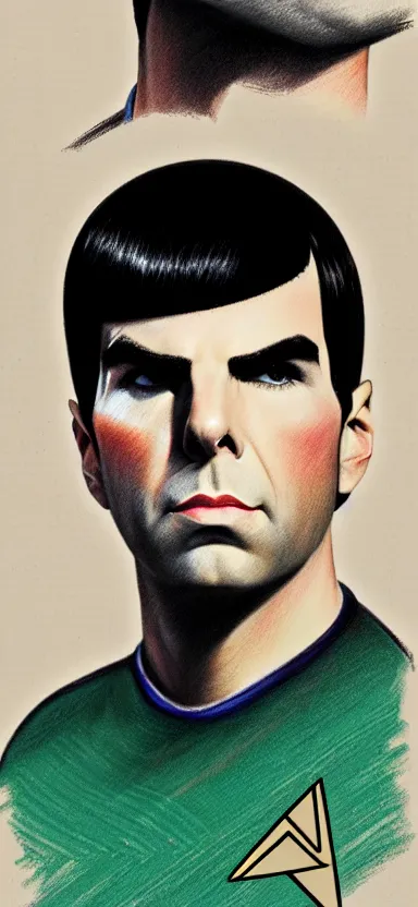 Prompt: : ZACHARY QUINTO SPOCK fanart + 70s SPRAY PAINT TEXTURE + art by J.C. LEYENDECKER + 4K UHD IMAGE + STUNNING QUALITY + CRAYON TEXTURE