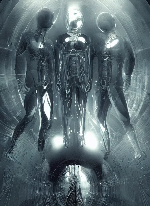 Image similar to symmetrical astronauts in dark and empty void underwater - complex and hyperdetailed technical suit. reflection and dispersion materials. rays and dispersion of light. volumetric light. 5 0 mm, f / 3 2. noise film photo. flash photography. ultra realistic, wide angle. poster by wayne barlowe, hajime sorayama aaron horkey, craig mullins