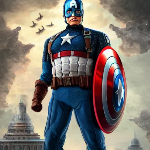 Prompt: of donald trump as captain america, iridescent, beautiful, technological, galactic, hyper-detailed, mega-detailed, realistic, cinematic, octane render, concept art, dark, cosmic, ominous, dramatic, lovecraftian, symmetric, swords, colorful and dark