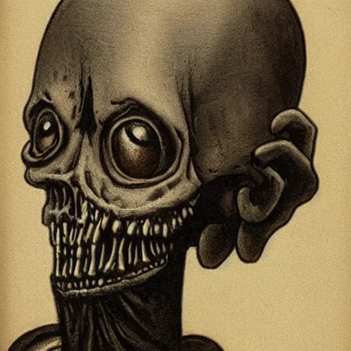 Image similar to humanoid with crooked teeth, two black eyes, long open black mouth, alien looking, big forehead, horrifying, killer, creepy, dead, slightly realistic, long neck, boney, monster, tall, skinny, skullish, deathly, in the style of alfred kubin