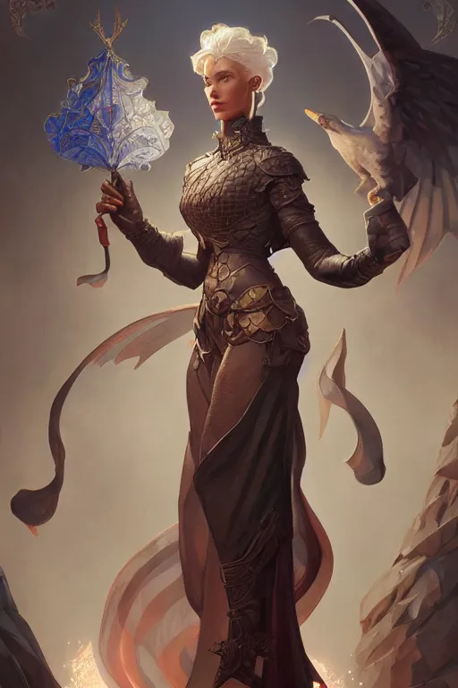 Image similar to personification of the united state of america, full body shot, d & d, fantasy, intricate, elegant, highly detailed, digital painting, artstation, concept art, matte, sharp focus, illustration, hearthstone, art by artgerm and greg rutkowski and alphonse mucha