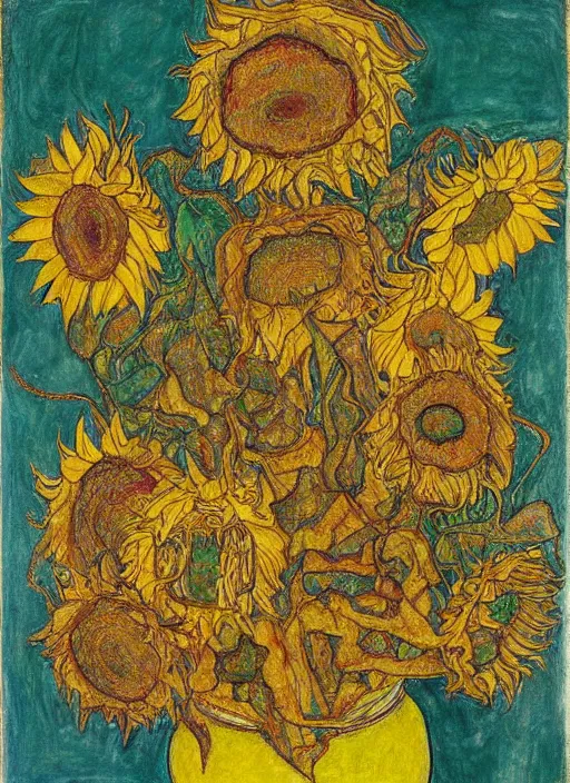 Image similar to an intricate drawing from observation of intertwined sunflowers, some sunflowers dead, some are blooming or crumbling, by Egon Schiele and Piet Mondrian, colors of Mark Rothko