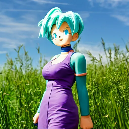 Image similar to bulma from dragon ball, bulma, bulma standing in a field,