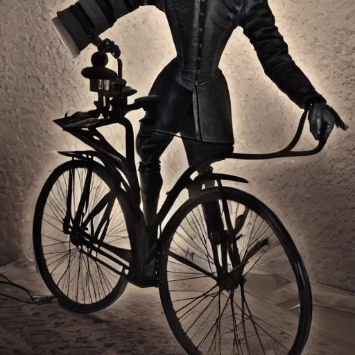 Image similar to close up portrait of a life size victorian steampunk automaton standing in with a bicycle, 8 k, soft lighting, highly detailed realistic, face in focus 1 8 9 0's liminal