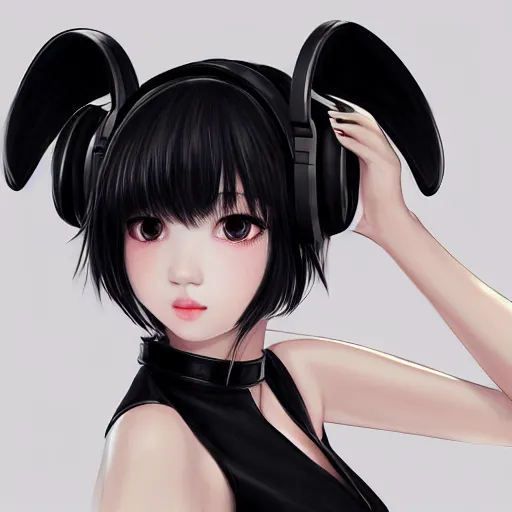 Image similar to realistic detailed semirealism beautiful gorgeous natural cute Blackpink Lalisa Manoban black hair black cat ears, wearing white camisole outfit, headphones, black leather choker artwork drawn full HD 4K high resolution quality artstyle professional artists WLOP, Aztodio, Taejune Kim, Guweiz, Pixiv, Instagram, Artstation