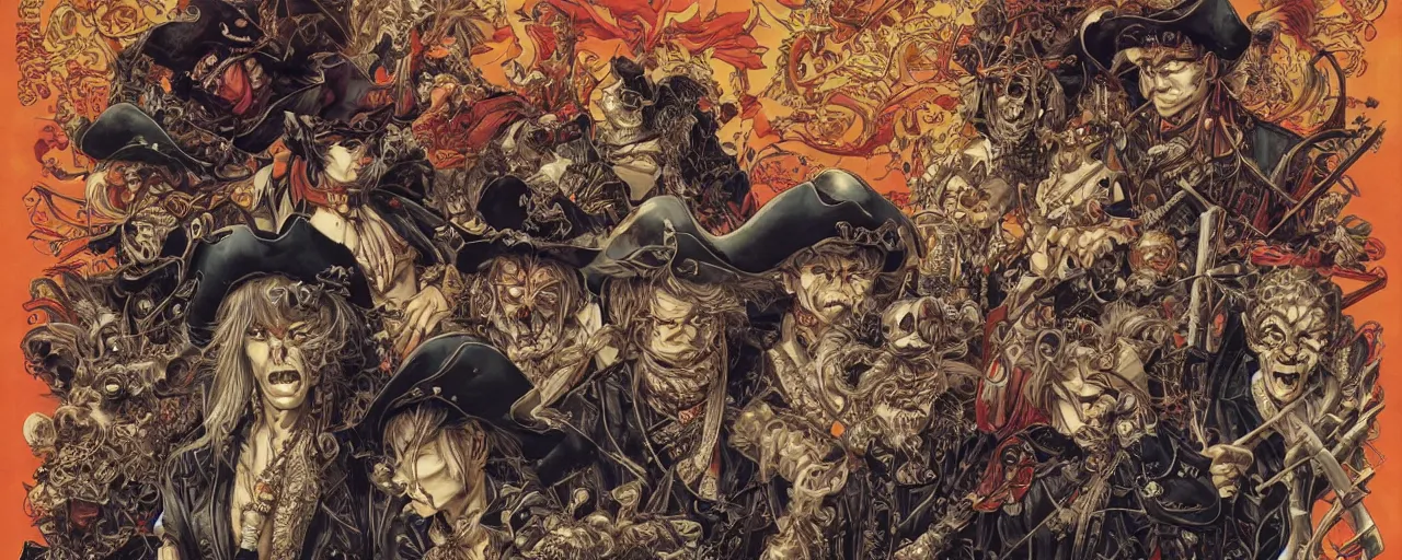 Prompt: portrait of crazy pirate, symmetrical, by yoichi hatakenaka, masamune shirow, josan gonzales and dan mumford, ayami kojima, takato yamamoto, barclay shaw, karol bak, yukito kishiro