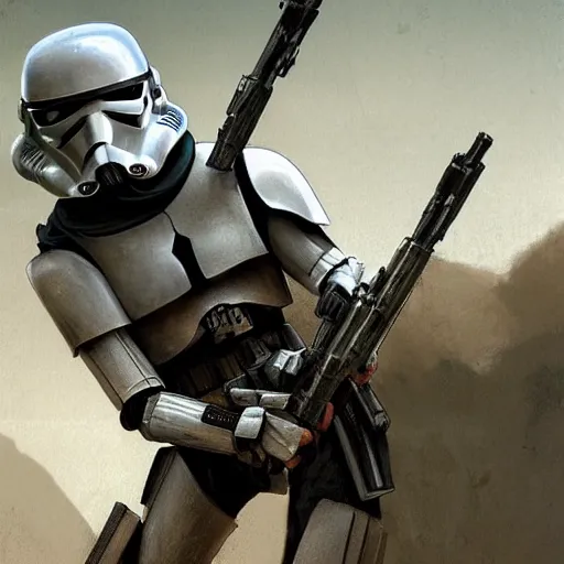 Image similar to an extremely long shot of an imperial stormtrooper in battle position ready to shoot his blaster concept art by Doug Chiang cinematic, realistic painting, high definition, very detailed, extremely high detail, photo realistic, concept art, the Mandalorian concept art style, green background