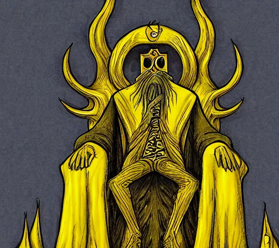 Prompt: eldritch king in yellow on his occult throne by mike winkelman