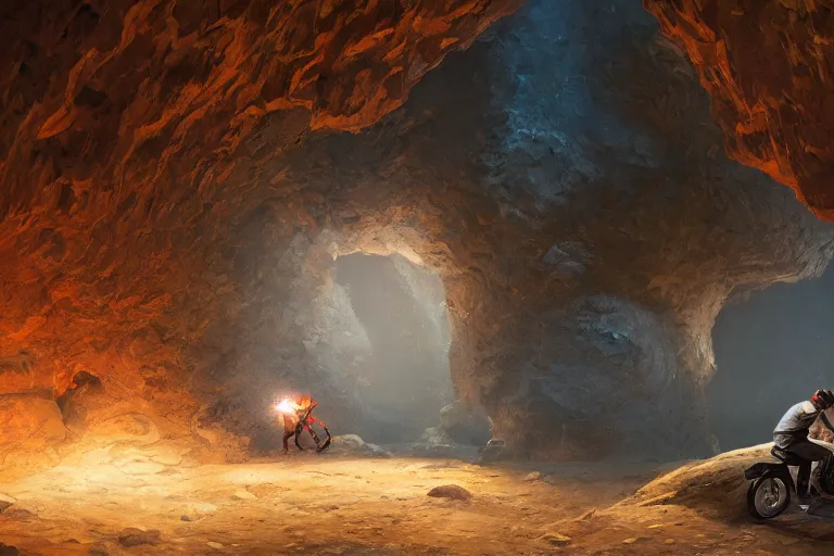 Prompt: a guy with a helmet explores a cave with an art gallery, expressive oil painting, digital art, gallery in a cave, by dan mumford, by greg rutkowski, volumetrics, octane render