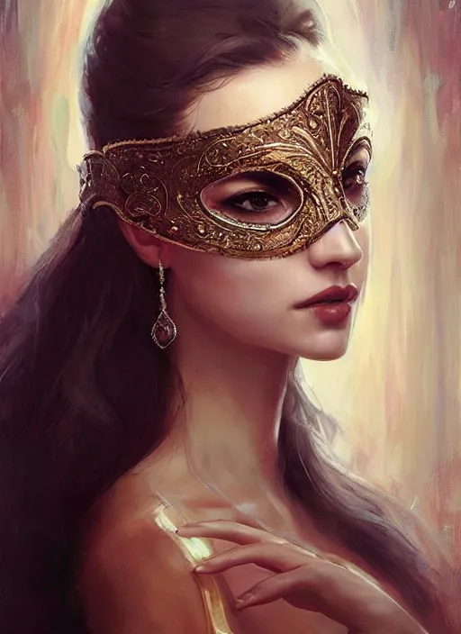 Image similar to a beautiful woman wearing an elaborate masquerade mask and matching ballgown, looking at the viewer with an alluring expression. painting by artgerm and greg rutkowski and magali villanueve