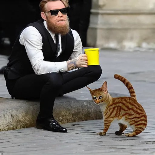 Image similar to mcgregor is dressed as a gentleman at early 2 0 th century paris. he is having a coffee at the banks of river seine. ewan mcgregor has a coffee cup on his hand. next to him is a small brown cat with yellow glowing eyes. blueish tint