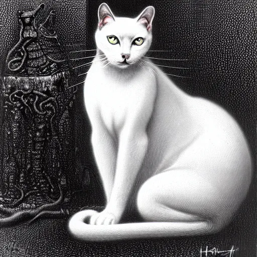 Image similar to white cat, lovecraft, art by hr giger!!!, gustave dore, artstation