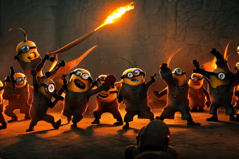 Prompt: diorama of group of minions fighting a group of orcs, setting is bliss wallpaper, realistic, 4 k, detailed, atmospheric, cinematic lighting, octane render, unreal engine render, ray tracing lighting