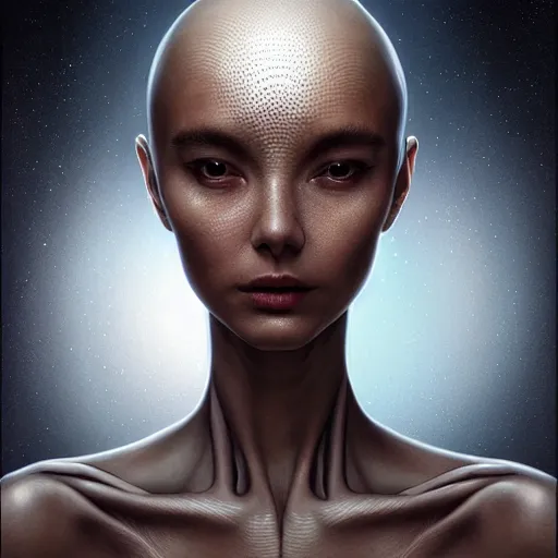 Image similar to wide angle full body portrait of an alien female with back eyes, silvery skin, a perfect face and perfect body, thin waist, mouth half open, intricate, single face, psychedelic background, highly detailed, digital painting, artstation, concept art, smooth, sharp focus, illustration, Unreal Engine 5, 8K, art by artgerm and greg rutkowski and alphonse mucha