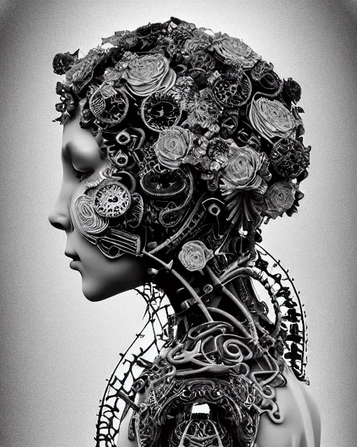 Image similar to mythical dreamy black and white organic bio-mechanical spinal ribbed profile face portrait detail of translucent steampunk beautiful siamese sisters females angelic-human-queen-vegetal-cyborg, highly detailed, intricate trnaslucent ivy jelly ornate, poetic, translucent roses ornate, 3D render, digital art, octane render, 8K artistic photography, photo-realistic, by Dora Maar