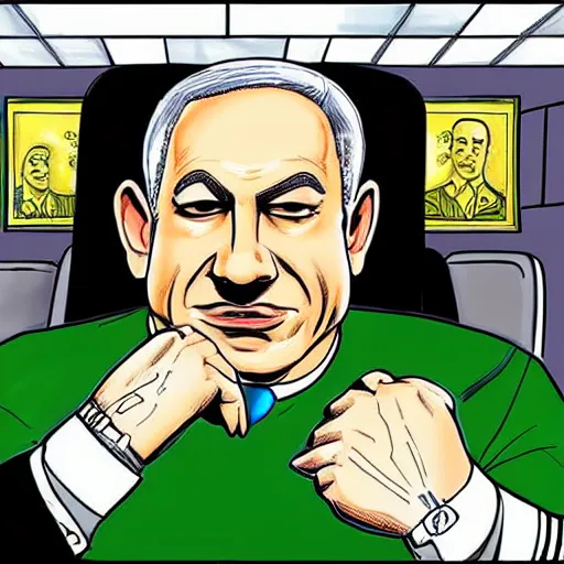 Prompt: A portrait of Benjamin Netanyahu as a green villain sitting in his office, money-themed, by Jim Lee, comic illustration, detailed
