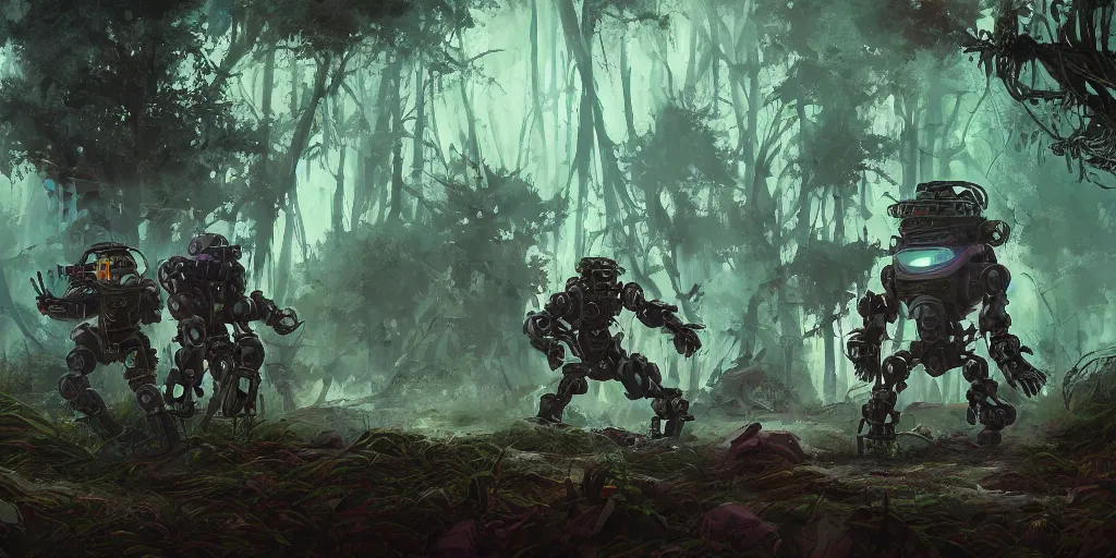 Image similar to guerrillas reed - people fighting robot in futuristic spiritual mystical post apocalyptic swampy forest drawn by ron gilbert, dim painterly volumetric aquatic lighting, scenic, beautiful, crisp, artstation, highly detailed