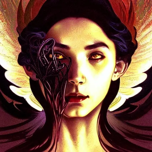 Image similar to A portrait of A beautiful!!!! angel in black flames by Ross Tran!! and alphonse mucha and greg rutkowski! and Zdzisław Beksiński!!,In style of Pixel art.Symmetrical face.dark Fantasy,smooth,hyper detailed,sharp focus,Soft light.4k