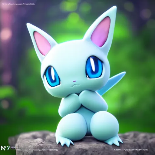 Image similar to nymph render of a very cute 3d Mew pokemon, adorable eyes, cute smile, full round face, bright sunny time, serene forest setting, medium shot, mid-shot, highly detailed, trending on Artstation, Unreal Engine 4k