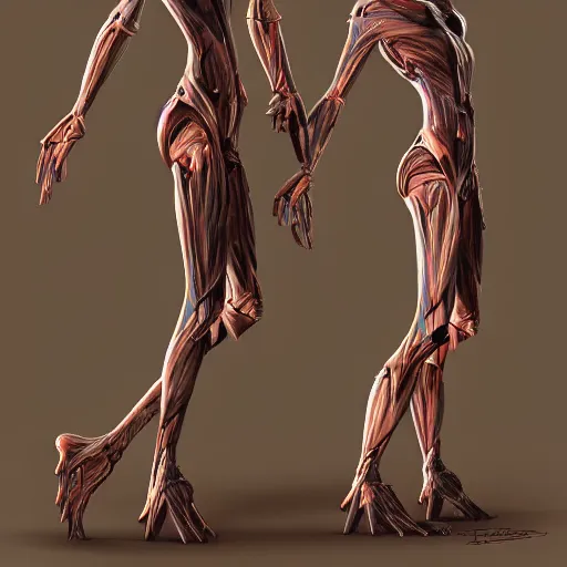 Prompt: Two elegant humanoid creatures leaning against each other, fused at the shoulders, dancing on their pointy limbs. Award-winning digital art, trending on ArtStation