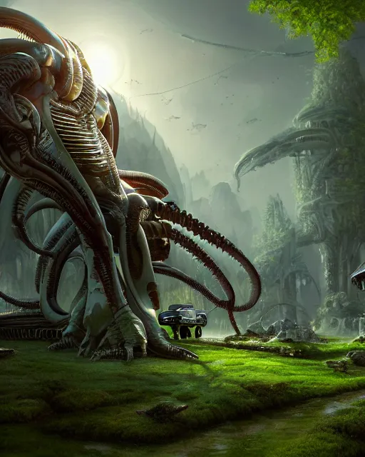 Image similar to xenomorph taxi car in a fantasy village, calming, uplifting mood, ultra realistic, farm, small buildings, highly detailed, atmosphere, masterpiece, epic lighting, elves, green plants, magic, illuminated, 4 k, cinematic, morning sun, art by eddie mendoza and sylvain sarrailh and jonathan berube