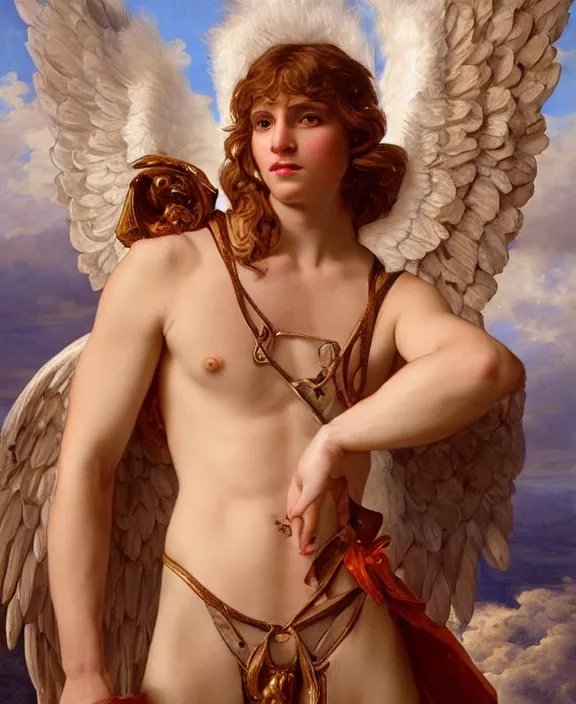 Image similar to a detailed hyperrealistic renaissance male angel wearing an intricate leather garters set, honey birdette, realistic renaissance portrait, highly detailed, digital painting, artstation, concept art, smooth, sharp focus, cinematic lighting, art by artgerm and wlop and alphonse mucha and jacques louis david and john william godward