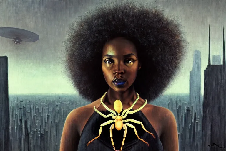 Image similar to realistic detailed closeup portrait movie shot of a beautiful black woman with a giant spider, dystopian city landscape background by denis villeneuve, amano, yves tanguy, alphonse mucha, max ernst, kehinde wiley, caravaggio, roger dean, cyber necklace, rich moody colours, sci fi patterns, wide angle