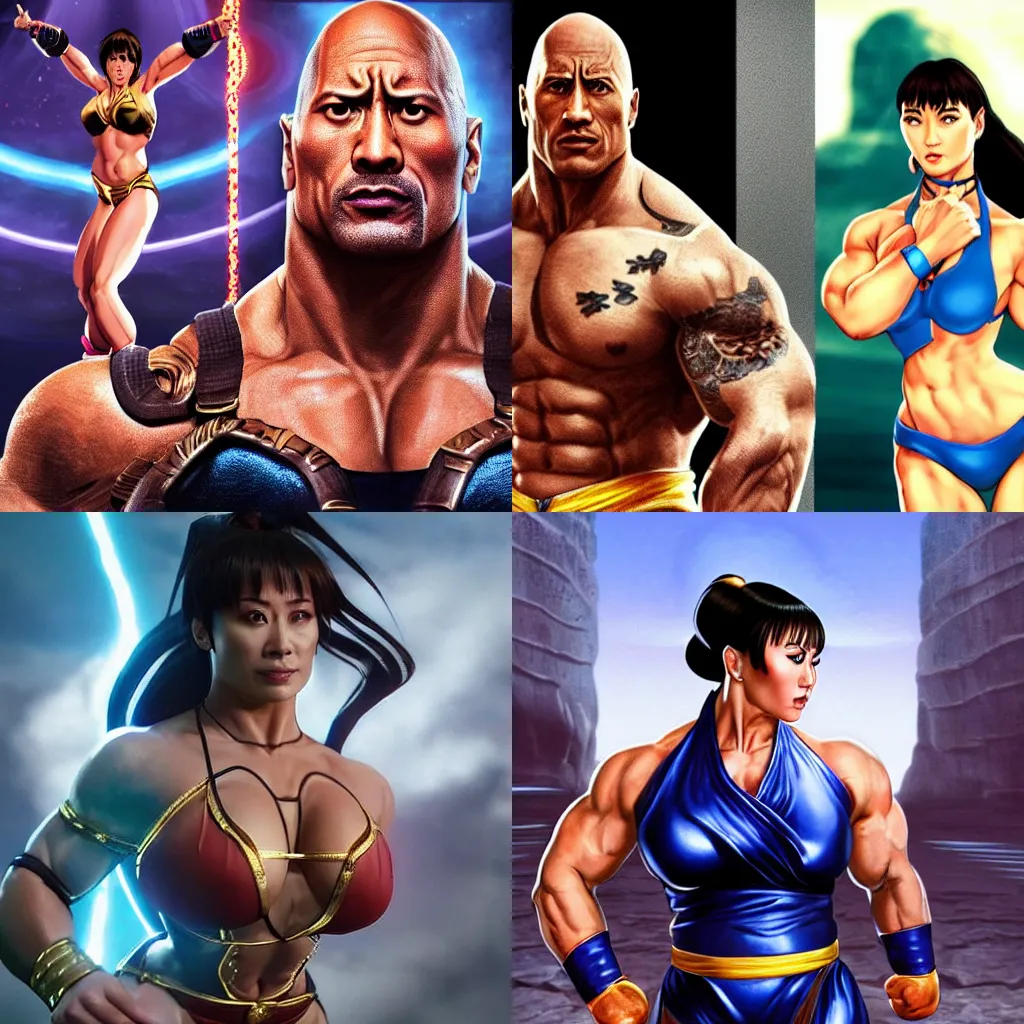 Prompt: dwayne johnson in tight woman chun li outfit with dwayne johnson face and dwayne johnson body, visible head and eyes, dwayne johnson dressing like chun li in street fighter, dwayne johnson wearing chun li's bikini, without chun li , intricate, epic lighting, cinematic composition, hyper realistic, 8k resolution, unreal engine 5, by Artgerm, tooth wu, dan mumford, beeple, wlop, rossdraws, James Jean, Andrei Riabovitchev, Marc Simonetti, yoshitaka Amano, Artstation