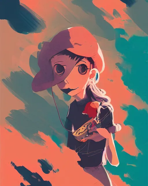 Image similar to girl with beret smoking a cigarette, colored manga panel, drawn by Anton Fadeev