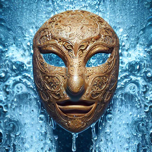 Image similar to an elaborate intricate mask made of water, rendered in octane, behance hd, bokeh backdrop