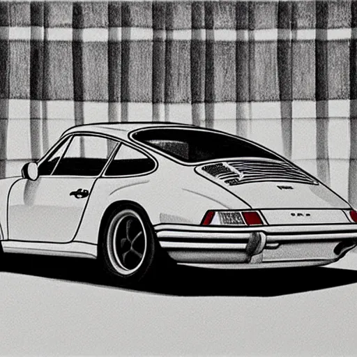 Image similar to black and white pencil sketch of a porsche 9 1 1 9 6 4 carrera 2