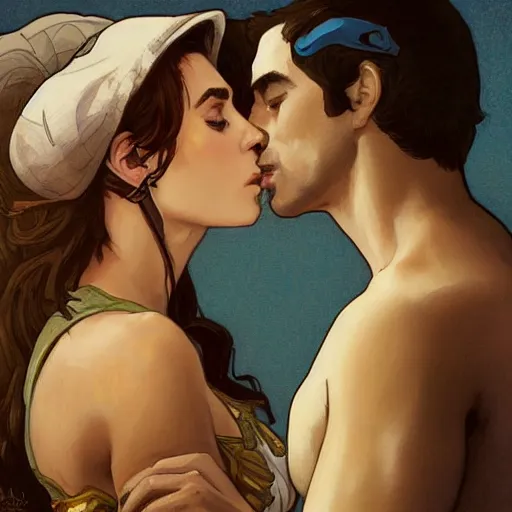 Image similar to young alison brie kissing bojack horseman, painted by artgerm and greg rutkowski and alphonse mucha. clear highly detailed face, beautiful sci fi art,
