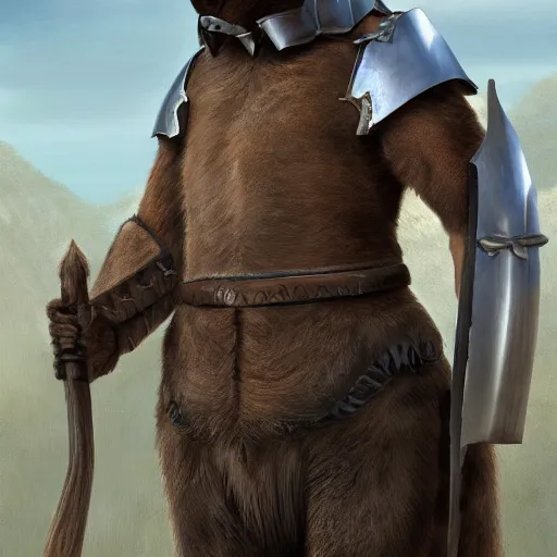 Image similar to realistic anthropomorphic capybara warrior in full armor, matte painting, highly detailed