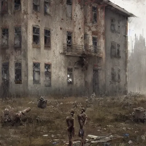 Image similar to painting of a abandoned post soviet town infested with humanoid root monsters by jakub rozalski