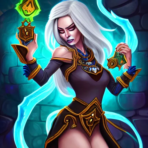 Image similar to Full body illustration of a sorceress, Hearthstone official trending art, exagerated accurate details, trending on MasterpieceStation in category 'Perfect identical eyes'