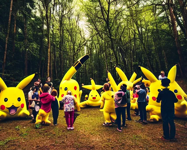 Prompt: photograph of a group of people worshipping a giant pikachu in a forest, ultra realistic!!!, spring time, slight overcast weather, golden hour, sharp focus