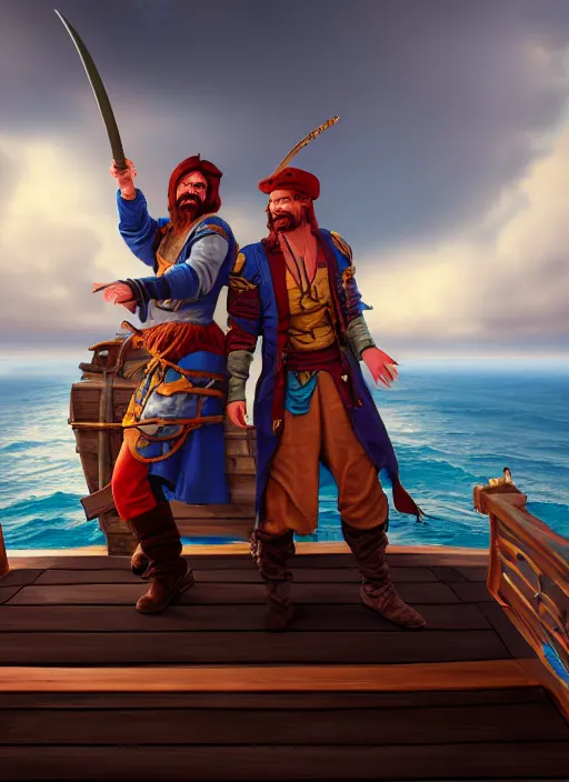 Image similar to an epic fantasy comic book style portrait painting of two bumbling idiot sky - pirates on the deck of a skyship looking at a chest, unreal 5, daz, hyperrealistic, octane render, cosplay, rpg portrait, dynamic lighting, very detailed faces