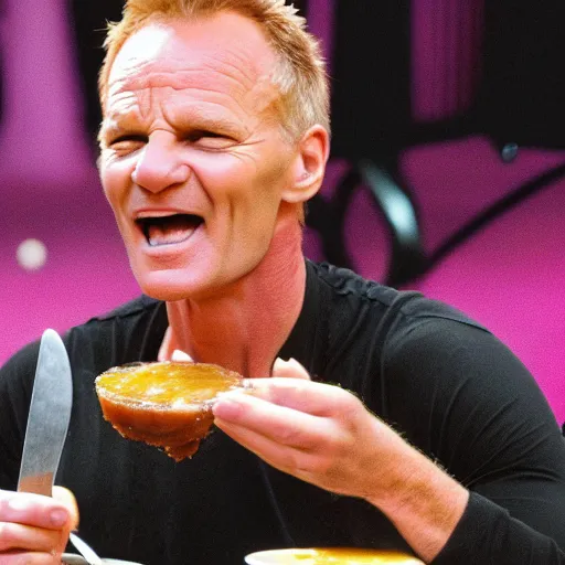 Prompt: sting the singer eating a banana creme brule ( dont ask )