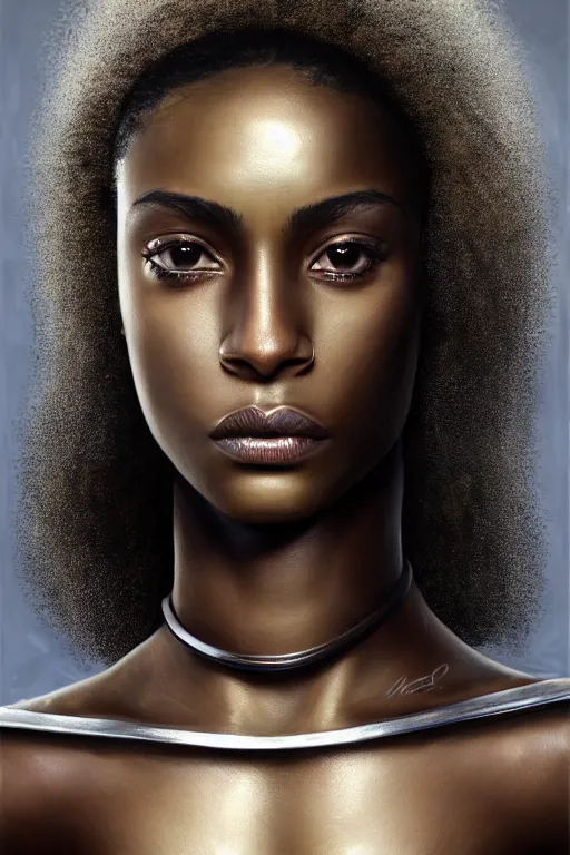 Image similar to a photorealistic painted portrait of an attractive young black girl, partially clothed in metal-plated battle armor, matt olive skin, long dark hair, flawless skin, beautiful bone structure, perfectly symmetric facial features, perfect photorealistic eyes, natural physique, intricate, elegant, digital painting, concept art, finely detailed, beautifully illustrated, sharp focus, minimal artifacts, from Metal Gear, by Ruan Jia and Mandy Jurgens and Artgerm and William-Adolphe Bouguerea, in the style of Greg Rutkowski, trending on Artstation, award winning art