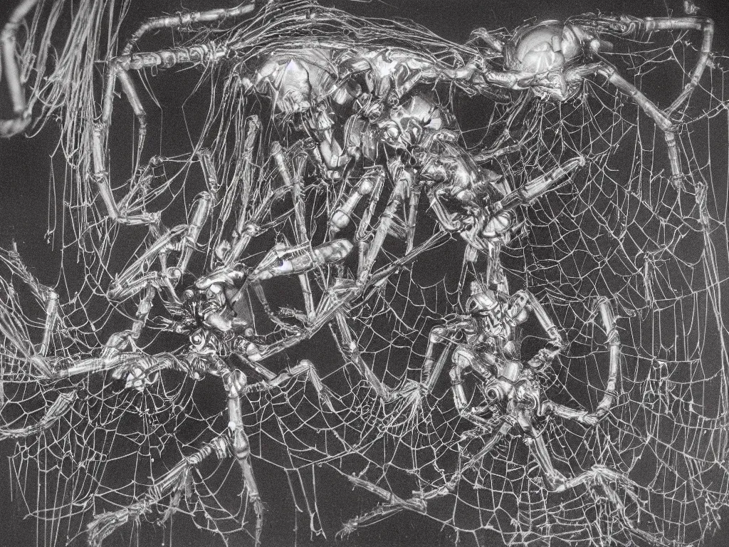 Prompt: 8 0 s polaroid flash photograph of biomechanical spiders, looking at the camera, in magical desert, dark atmosphere, by h. r. giger, zdzislaw beksinski, luis royo, todd mcfarlane. highly detailed 8 k intricate. soft light. nikon