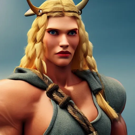 Image similar to a handsome bodybuilder viking girl with blond hair, clash royal style characters, unreal engine 5, octane render, detailed, cinematografic, cinema 4 d