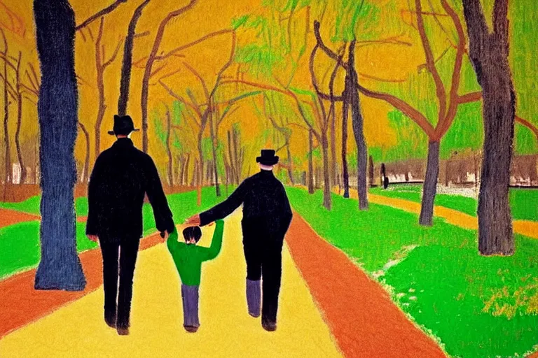 Prompt: a very tall man named John with dark hair holding the hands of a short young boy named Alex with dark hair as they walk in a park on a bright beautiful colorful winter day. part in the style of an edgar degas painting. part in the style of david hockney