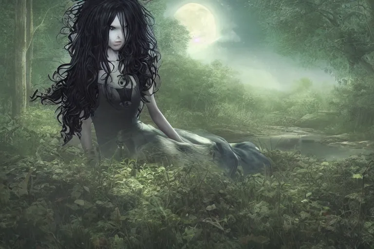 Image similar to goth woman in a moonlight view, in a forest, a river, tankoban, 4 k, tone mapping, akihiko yoshida, james jean andrei riabovitchev marc simonetti, yoshitaka amano, long hair, curly, h. hydrochaeri