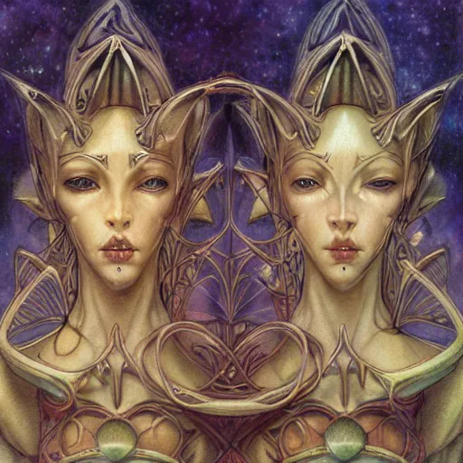 Image similar to detailed and sharp gemini artwork, mystic style, detailed, 8 k, detailed, symmetrical, by brian froud