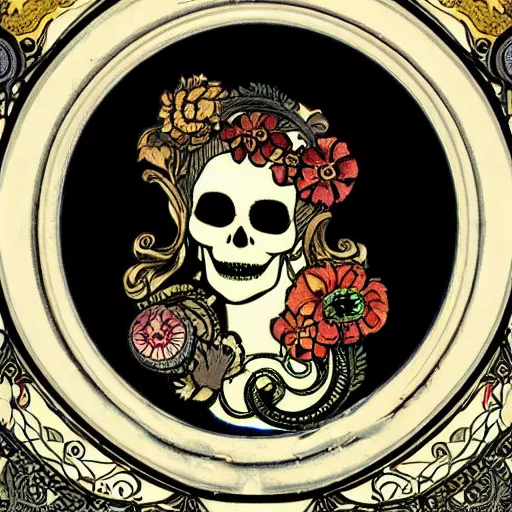 Prompt: skull in the center of a decorative art nouveau round frame, in the style of Mucha,