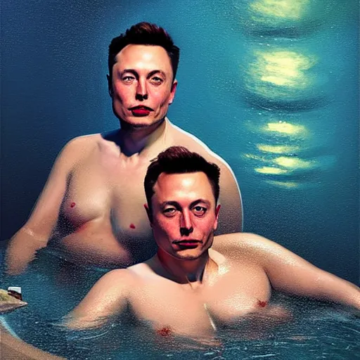 Prompt: UHD photorealistic Elon Musk and Dagon in a hot tub, in the style of tonalism by Greg Rutkowski, trending on Artstation, hyperrealistic, correct details, symmetrical faces