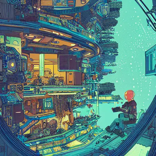 Image similar to Stunningly intricate illustration of a cyberpunk explorer playing video games in his treehouse, highly detailed, midnight, by Victo Ngai and James Gilleard , Moebius, Laurie Greasley