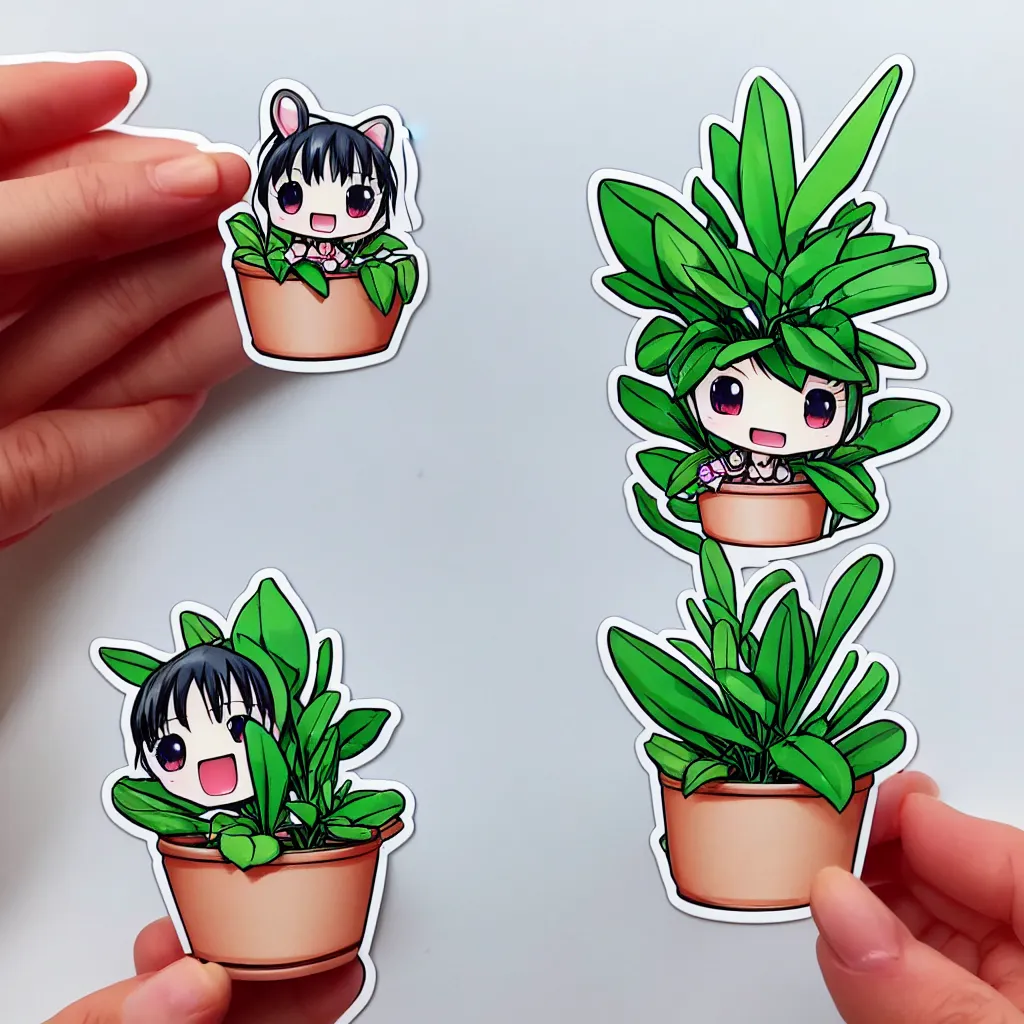 Prompt: die cut sticker of cute anime chibi smiling potted houseplant drawn by artgerm