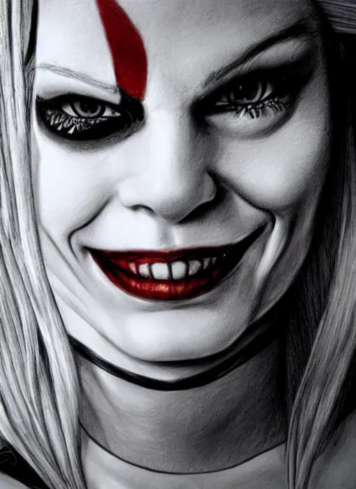 Image similar to a pencil drawing of harley quinn, hyper realistic, highly detailed