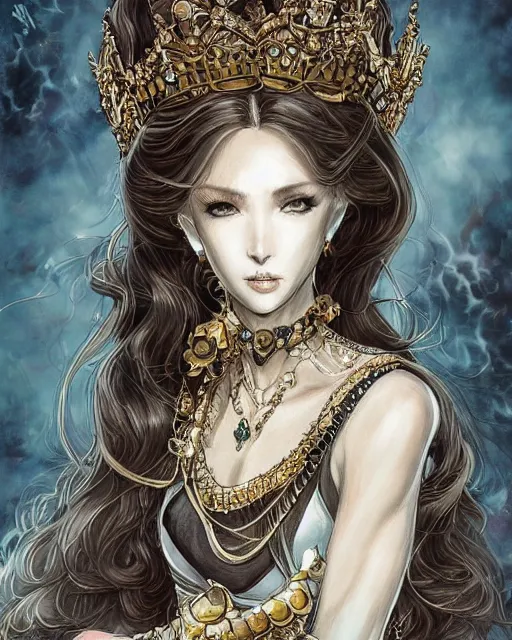 Image similar to portrait of a queen, elegant, beautiful, mesmerizing, concept art, fancy clothing, highly detailed, artstation, behance, deviantart, trending, ayami kojima, shinichi sakamoto, kaoru mori